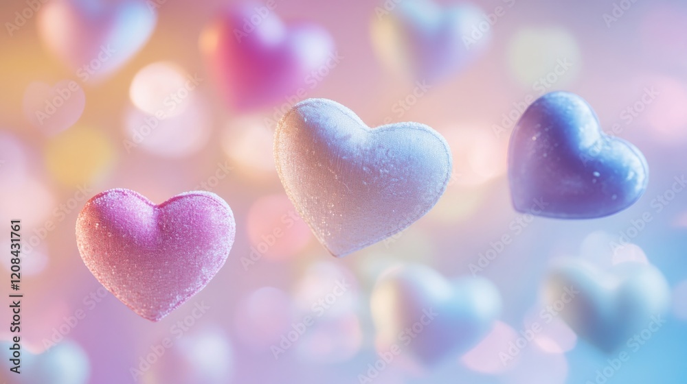 Fototapeta premium Colorful hearts float gently against dreamy pastel background, e