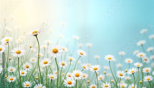 Beautiful field of daisies in soft pastel colours. Wildflowers bloom under warm sunlight. Nature scene evokes spring or summer. Picturesque countryside. Ideal for background use.