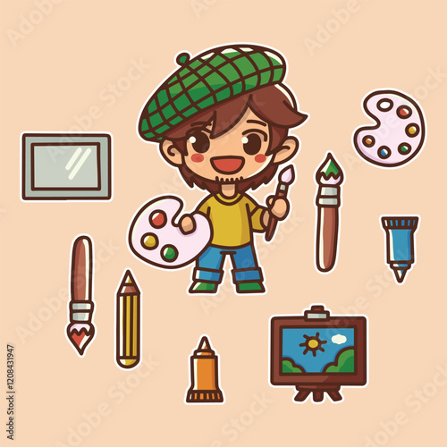 A cheerful young artist holding painting tools, surrounded by creative supplies. A fun illustration celebrating creativity, art, and the joy of self-expression