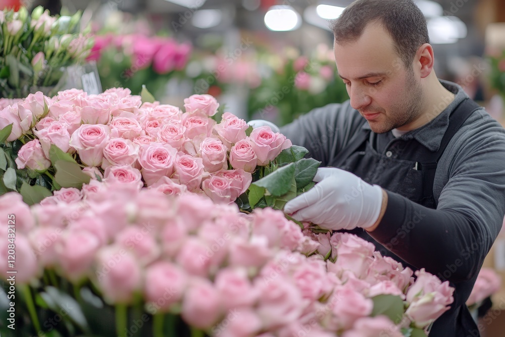 Fototapeta premium A florist carefully arranges pink roses in a shop, showcasing expertise and attention to detail in floral design.