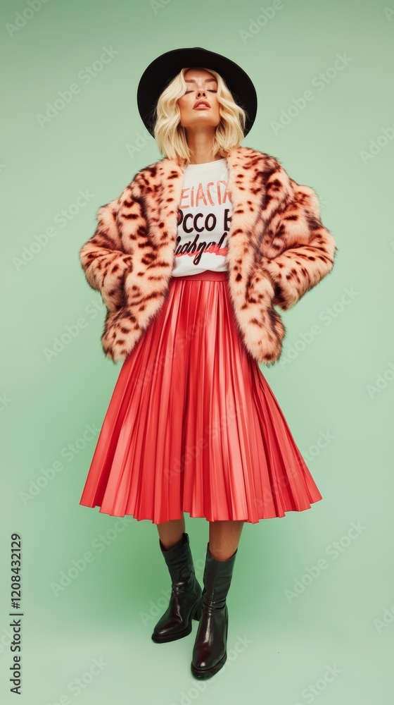 Chic woman wearing leopard-print coat, red skirt, and black hat poses confidently against a green backdrop, showcasing modern fashion. Chic woman wearing leopard-print coat, red skirt, and black hat poses confidently against a green backdrop, showcasing modern fashion.