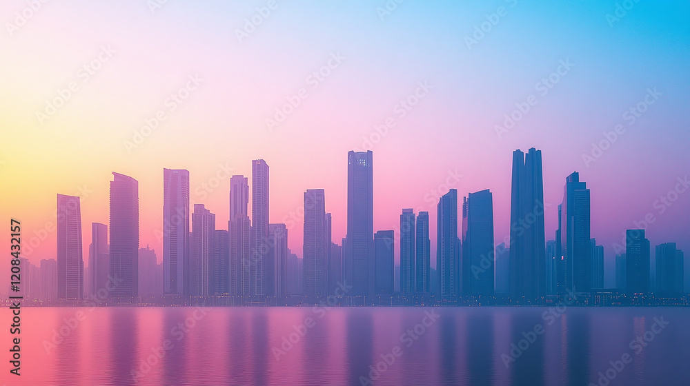 Fototapeta premium A serene minimalist city skyline at dawn, featuring geometric skyscrapers bathed in soft pastel hues, conveying modern architecture and tranquil urban aesthetics.