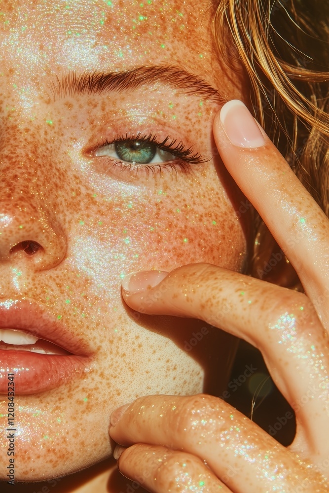 Naklejka premium A detailed close-up photo highlighting a freckled face with shimmering glitter, focusing on expressive eyes and natural beauty.