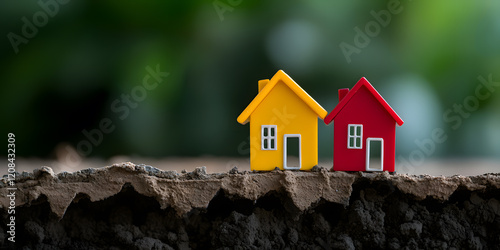 Two miniature houses, one yellow and one red, stand on the edge of a patch of earth against a blurred green background. photo