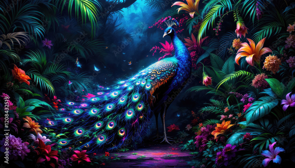 A wild peacock bird standing in a lush, colorful jungle. Peacocks, baby peacock wallpaper A wild peacock bird standing in a lush, colorful jungle. Peacocks, baby peacock wallpaper