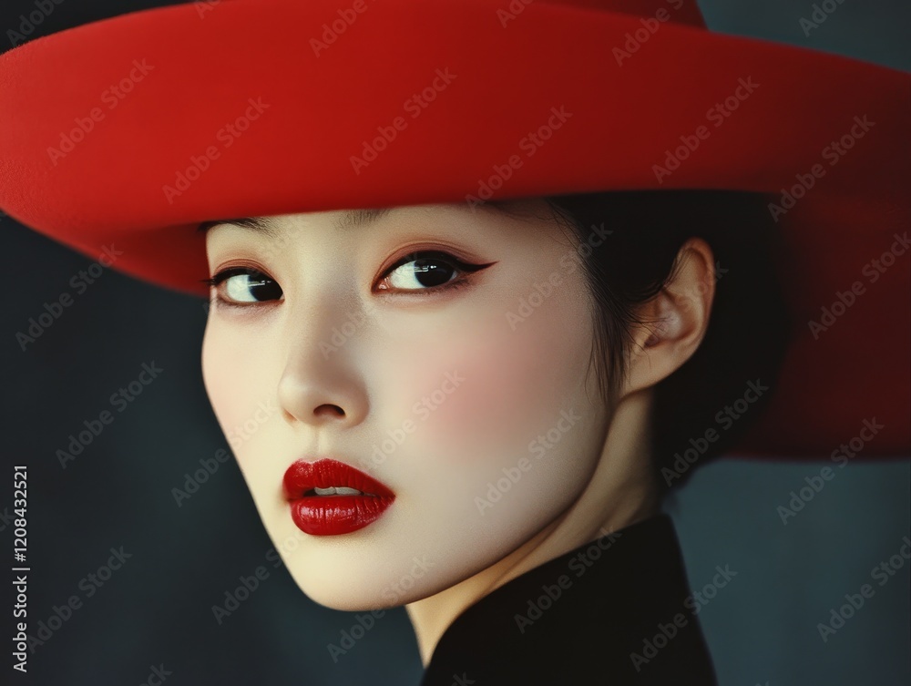 Portrait of a sophisticated woman wearing a striking red hat and makeup, exuding elegance and confident style. Portrait of a sophisticated woman wearing a striking red hat and makeup, exuding elegance and confident style.