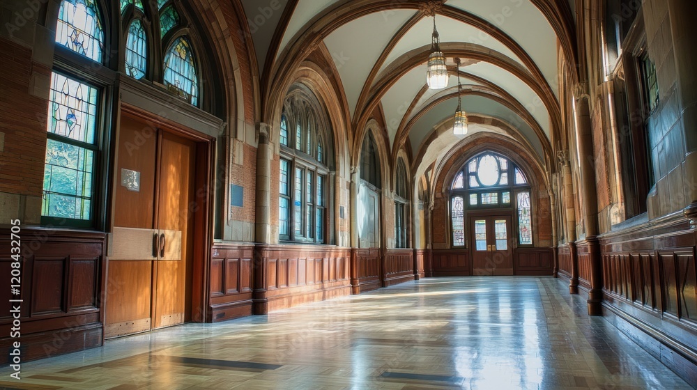 Fototapeta premium Arched Hallway With Stained Glass Windows and Wood Paneling