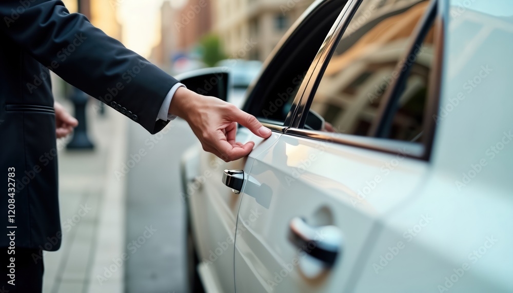 Elegant chauffeur opens luxury white limousine door. Pro driver in formal suit assists passenger. VIP transport service for rich people. Modern automotive experience. Outdoor city scene. Person job Elegant chauffeur opens luxury white limousine door. Pro driver in formal suit assists passenger. VIP transport service for rich people. Modern automotive experience. Outdoor city scene. Person job