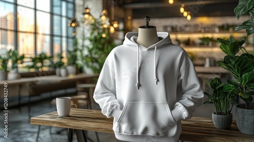 A realistic mockup of a white hoodie on a mannequin in an urban cafe setting, surrounded by greenery and modern decor. Ideal for fashion branding.
