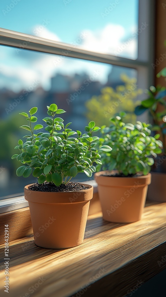 Two green plants in terracotta pots sit on a sunlit wooden windowsill, bringing a touch of nature indoors. Two green plants in terracotta pots sit on a sunlit wooden windowsill, bringing a touch of nature indoors.