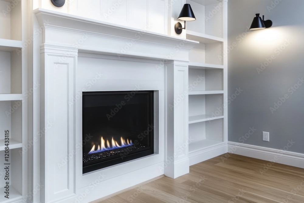 Cozy living room scene with a fireplace and built-in bookshelves, perfect for a warm evening or reading nook Cozy living room scene with a fireplace and built-in bookshelves, perfect for a warm evening or reading nook