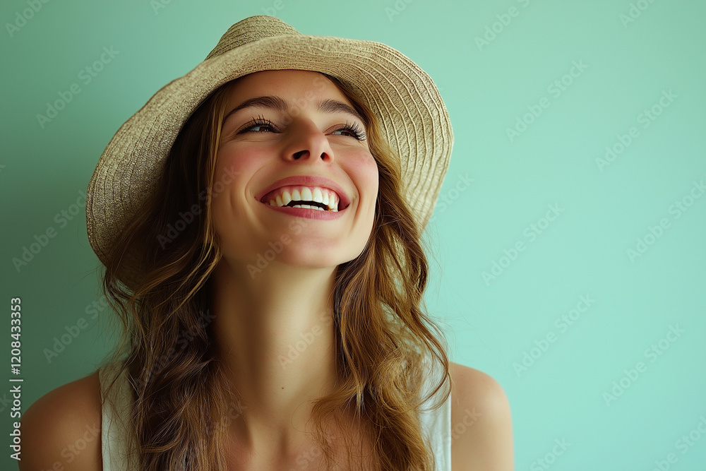 A woman with a straw hat on her head is smiling A woman with a straw hat on her head is smiling