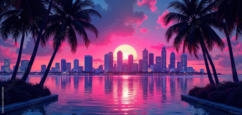 Obraz premium Miami cityscape at sunset with vibrant neon colors. Palm trees flank calm waterfront reflecting colorful city skyline. Retro 80s style with energetic vibe. Coastal city lights create dynamic
