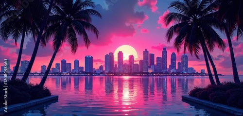 Miami cityscape at sunset with vibrant neon colors. Palm trees flank calm waterfront reflecting colorful city skyline. Retro 80s style with energetic vibe. Coastal city lights create dynamic