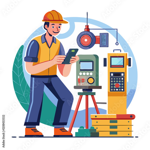 A technician in a hard hat utilizes a handheld device to calibrate high tech measuring tools in a workshop environment. The technician focuses on ensuring precision and accuracy