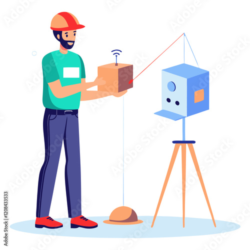 Technician stands at a work site, holding a device while setting up a laser scanner on a tripod to measure distances accurately and efficiently during the daytime