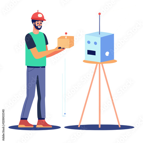 A technician is using a laser scanner to measure dimensions in an industrial location. The technician is focused on ensuring precision while interacting with the equipment
