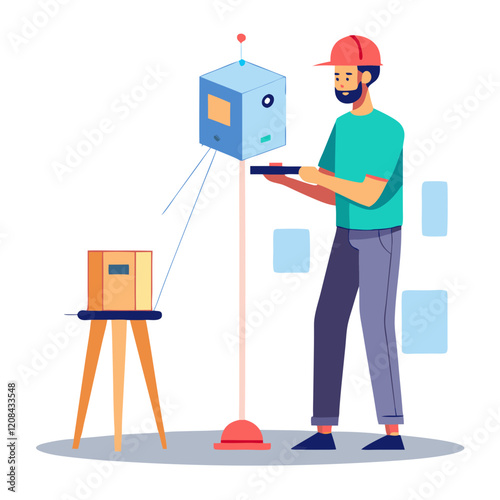 A technician utilizes a laser scanner to accurately measure dimensions in an indoor workspace, ensuring precision in the ongoing project. Safety gear is worn during the process