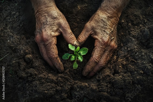 Elderly hands gently cradle a young seedling, symbolizing growth and nurturing. photo