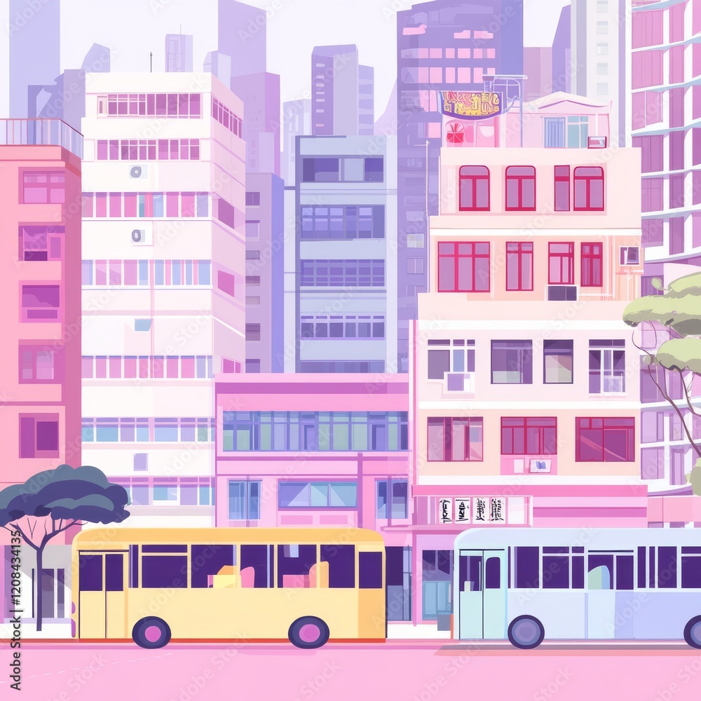 Obraz premium hong kong modern building with street road and bus, pastel colors, with soft and pink and purple