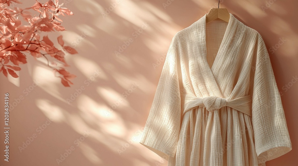 This image features a stylish robe hanging on a wooden hanger against a soft pink background, with subtle shadow play and light. This image features a stylish robe hanging on a wooden hanger against a soft pink background, with subtle shadow play and light.