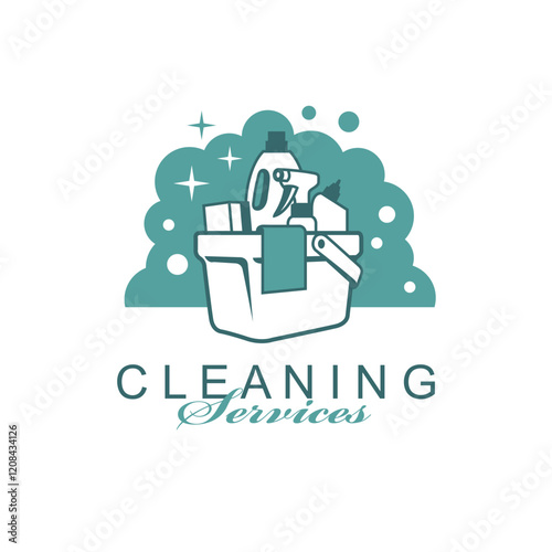 cleaning service design with chemical products in bucket isolated on white background