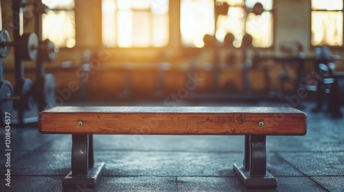 A wooden gym bench is illuminated by natural sunlight coming through the windows, set in a spacious workout area with weights in the background.