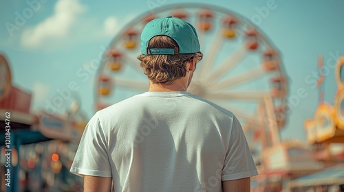 A man wearing a blue cap and white shirt stands in front of a Ferris wheel at a sunlit carnival. photo