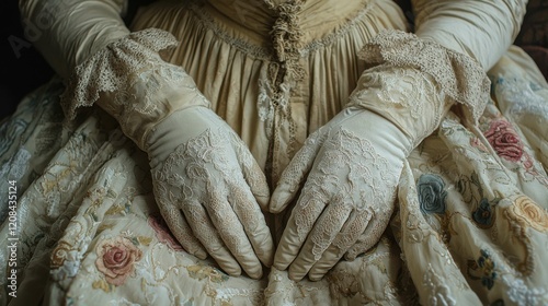 A close-up of a Victorian-style dress showcasing intricate lace gloves, highlighting the detailed embroidery and rich fabrics used in this historical garment.
