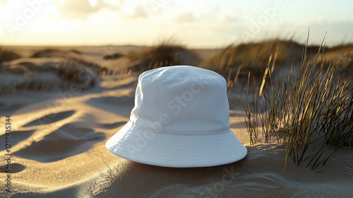 A white bucket hat placed on sandy beach dunes during sunset, surrounded by tall grass, showcasing a peaceful coastal scene.