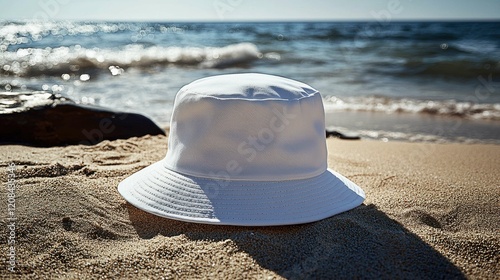 A white bucket hat sits on the sandy beach, with the ocean waves in the background. This image captures a serene seaside atmosphere.