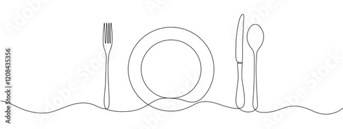 Fork, knife spoon with plate one continuous line . Single line editable cutlery pattern for business cards, banners. Symbol of cafe, restaurant. Vector illustration