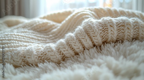 A close-up view of a knitted cream-colored blanket, showcasing its soft texture and design on a fluffy surface, perfect for adding warmth to any space. photo