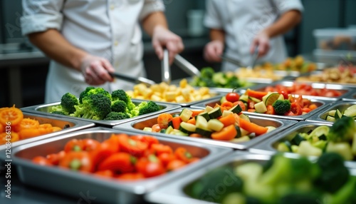 Close-up view of chefs meticulously preparing, plating various nutritious portions of senior-friendly meals in commercial kitchen. Colorful vegetables like broccoli carrots, tomatoes ready to served.