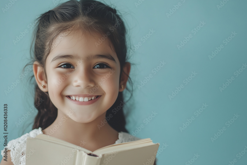 A young girl is smiling and holding a book A young girl is smiling and holding a book