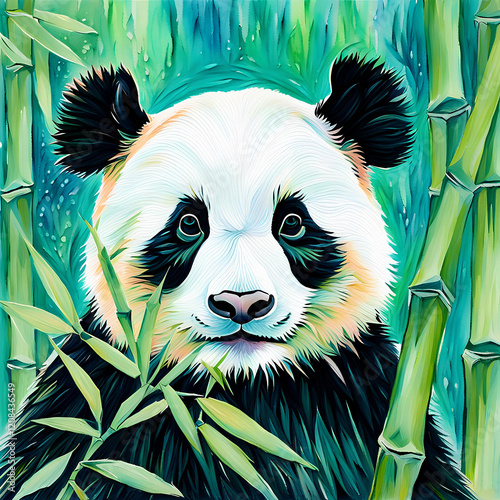 A close-up of a pretty panda in a green bamboo pastel-colored pattern background