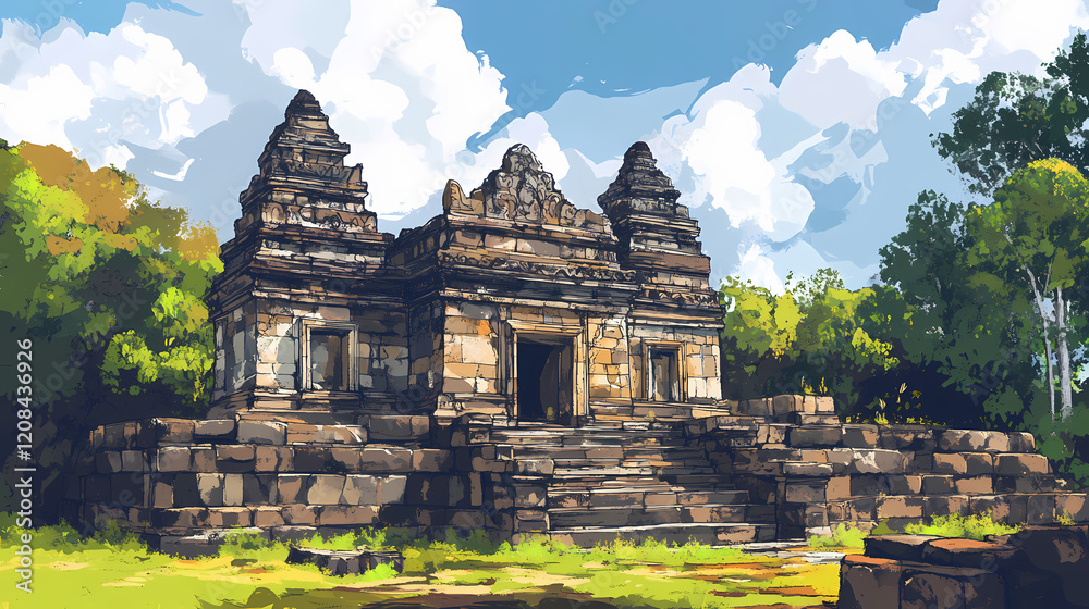 In southeast asia, ruins of an ancient temple with stone blocks can be found. Mystic Ruins. Illustration In southeast asia, ruins of an ancient temple with stone blocks can be found. Mystic Ruins. Illustration