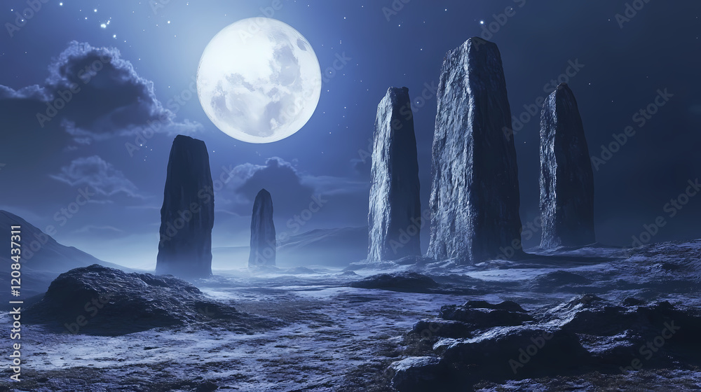 Mysterious alien landscape with towering monoliths under moonlight. Mystic Ruins. Illustration