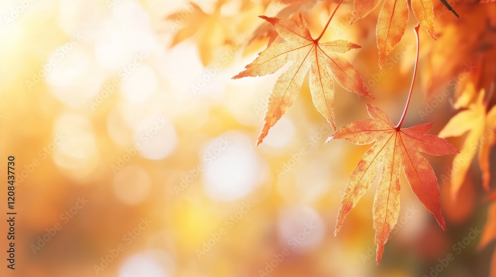 Close-up of autumn tree leaves under sunlight. A scene of autumn beauty with golden rays of sunlight giving off a serene feel. Close-up of autumn tree leaves under sunlight. A scene of autumn beauty with golden rays of sunlight giving off a serene feel.