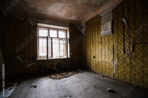 Interior of domestic room of abandoned forsaken apartment house photo