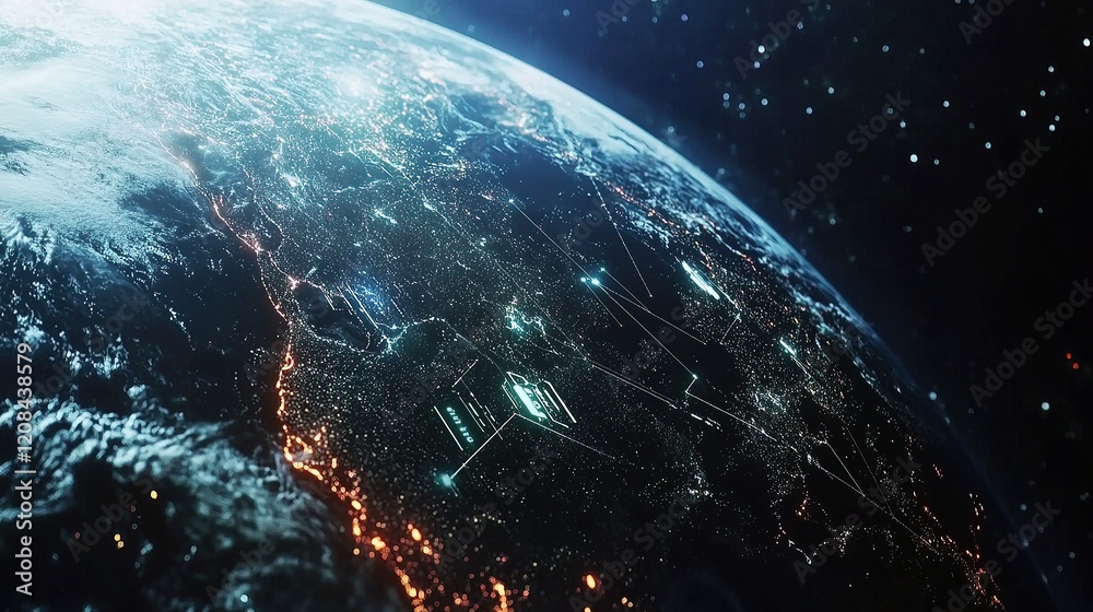 Obraz premium Global Network Concept of Telecommunication Systems Over Earth View