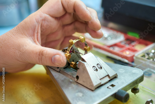 Crafting precision with a watch balancer in a bustling workshop, capturing intricate details at work in the heart of horology photo