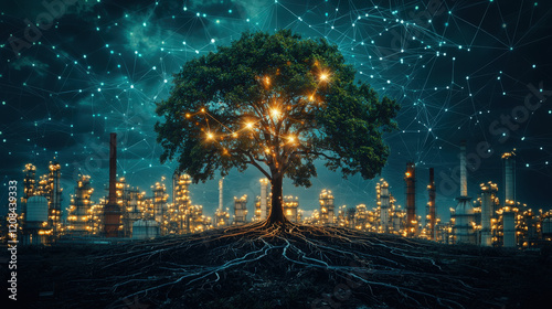 Urban tree illuminated with lights, standing amidst an industrial cityscape under a network of stars and connections, symbolizing the union of nature and technology photo