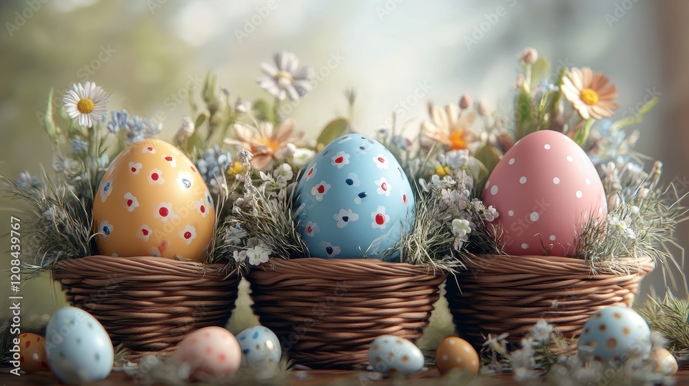 Obraz premium Colorful easter basket display with painted eggs and fresh flowers
