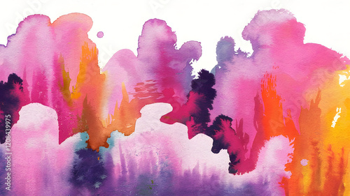 A vibrant watercolor painting with a blend of pink, purple, and orange hues.