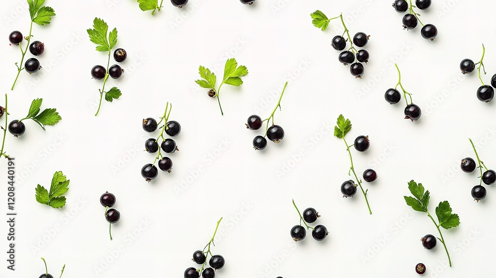 Fresh Black Currant Berries with Green Stems on White Background Fresh Black Currant Berries with Green Stems on White Background