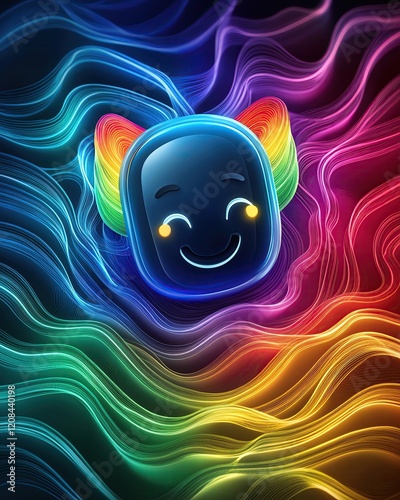 AI voice generator, a smiling cartoon phone with a glowing AI voice assistant icon surrounded by colorful, swirling soundwaves photo