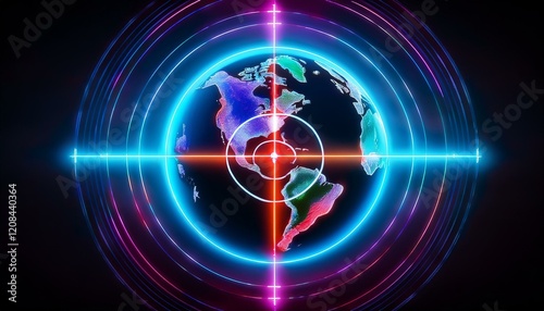a vibrant glowing earth encircled by a neon crosshair suggesting global surveillance or technological monitoring the image evokes themes of futuristic technology and global connectivity