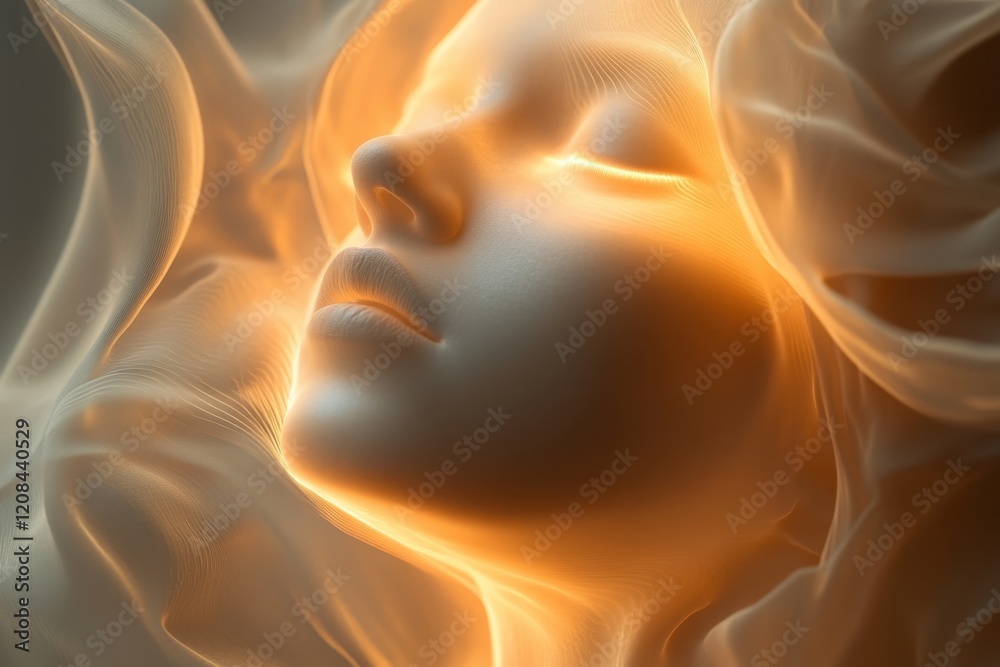 Naklejka premium Ethereal figure with glowing features captured in a soft, dreamy haze at twilight