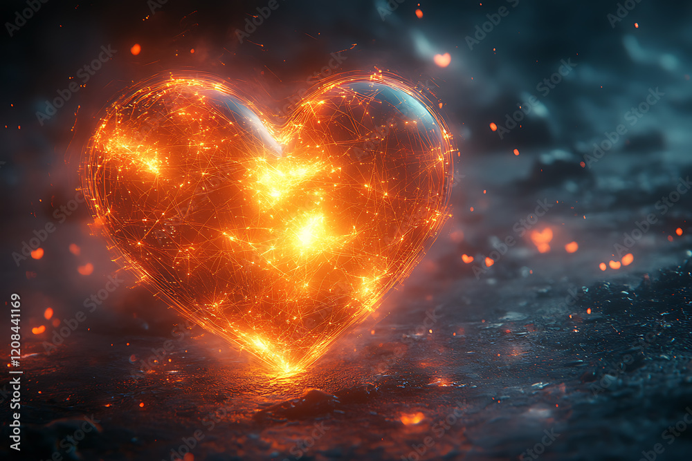 Valentine's Day neon illustration of hearts with abstract digital lines and data-inspired elements, cyberpunk theme, bright orange and blue glow, high detail, artistic and futuristic aesthetic. Valentine's Day neon illustration of hearts with abstract digital lines and data-inspired elements, cyberpunk theme, bright orange and blue glow, high detail, artistic and futuristic aesthetic.